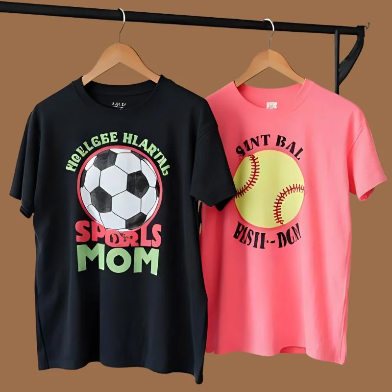Multiple Sports Mom Shirt With Soccer And Softball Graphics, Displayed On Hanger