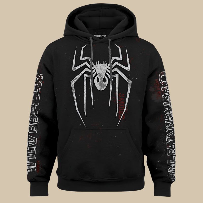 Front View Of Cheap Spider Hoodie In Black With Spider Design