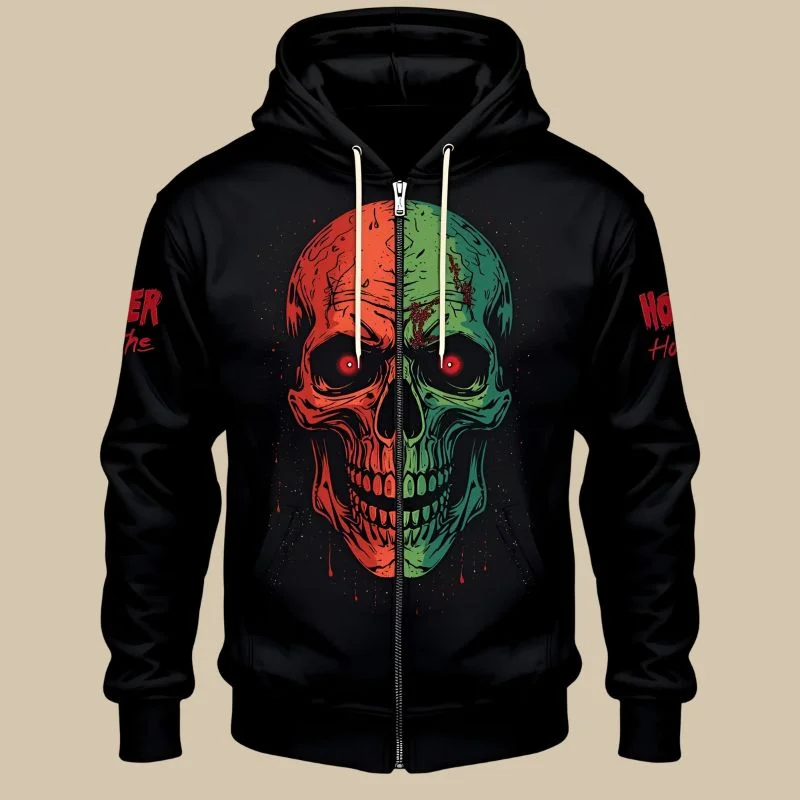 Front View Of Horror Zip Up Hoodie With Bold Graphic Print For Men And Women
