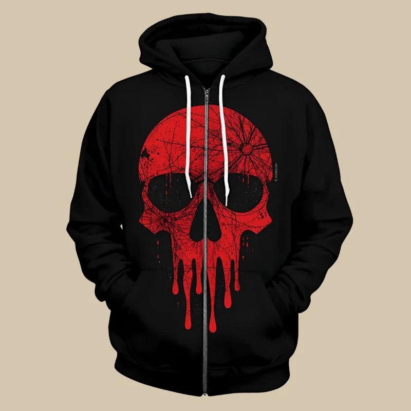 Close-Up Of Zipper And Hood Design On Horror Movie Zip Up Hoodies