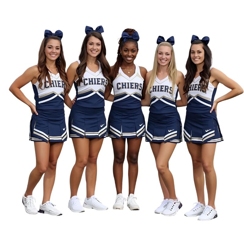 Cheer Uniforms On Athletes Performing Jumps During Practice Session