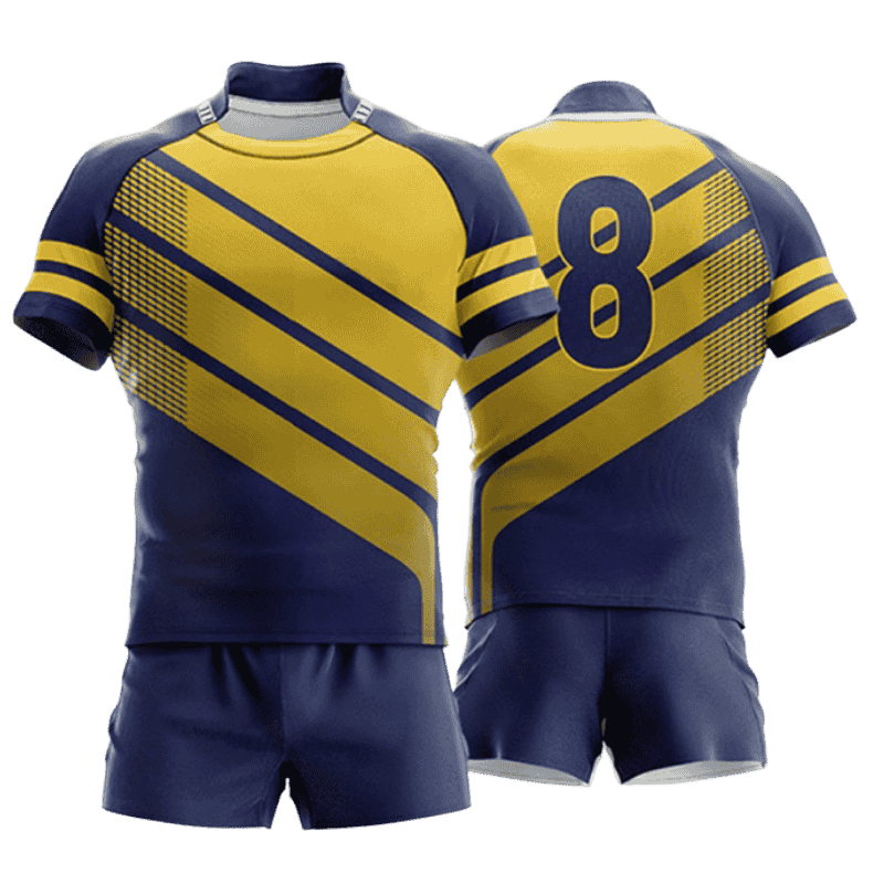 Custom Rugby Team Uniforms In Multiple Colors Displayed On Mannequins