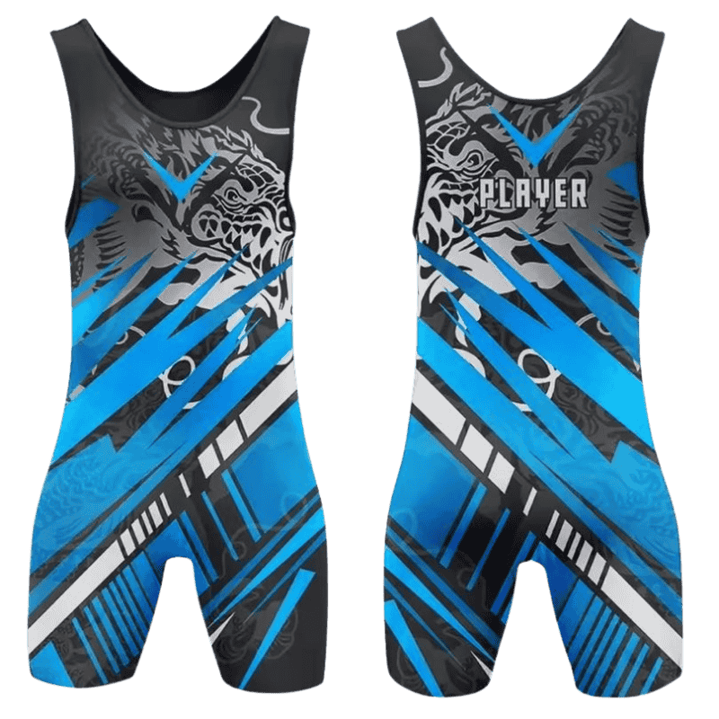 Custom Wrestling Uniforms Displayed With Team Logos And Color-Matched Designs