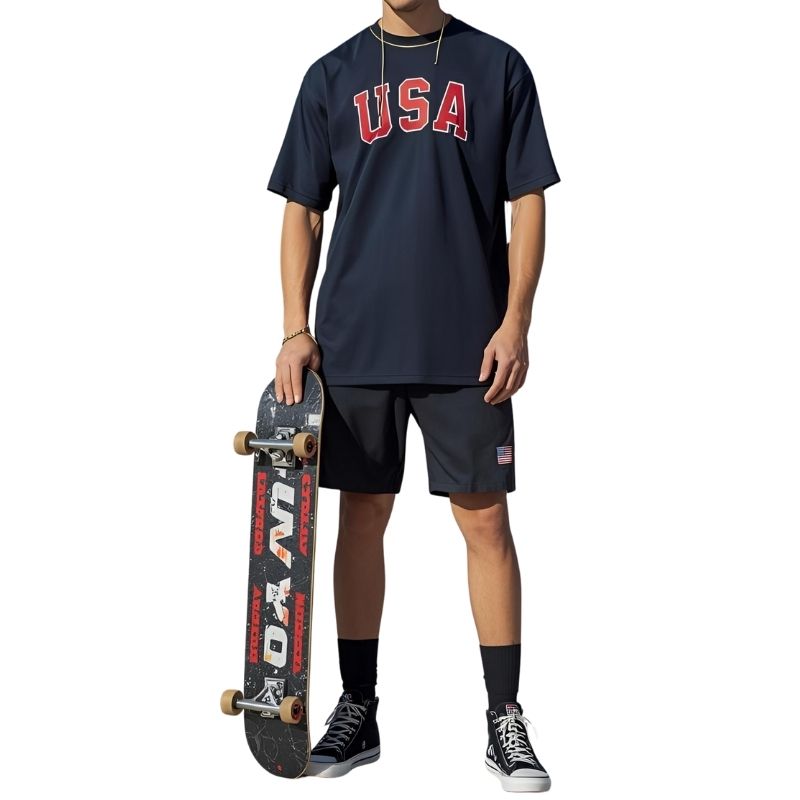 “Professional Skateboarding Jersey Featuring Usa Colors And Bold Graphics.”